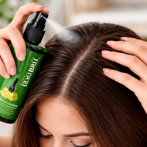 Perspective: Close-up of hands spraying and massaging scalp. Hair visible,...
