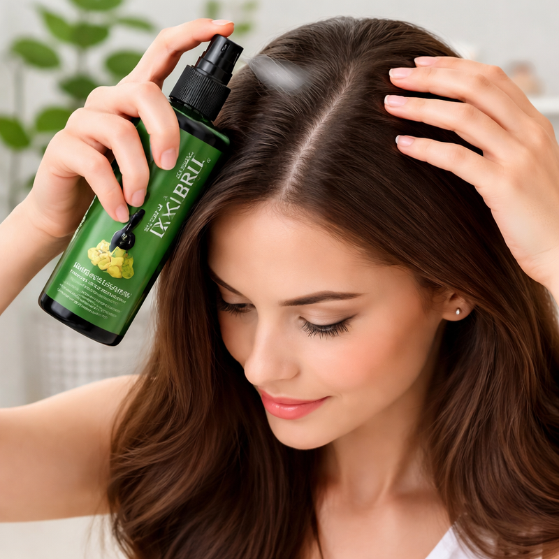 Scene: A person applying NEX BRIT™ Ginger Hair Growth Spray...