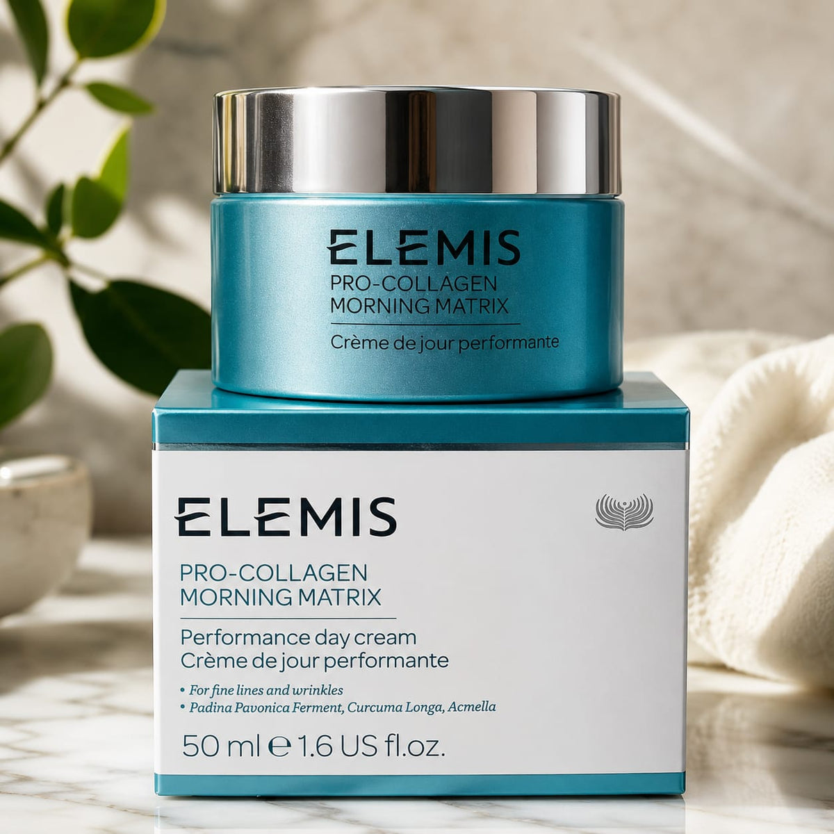 Elemis Pro-Collagen Morning Matrix cream jar and box on a neutral background
