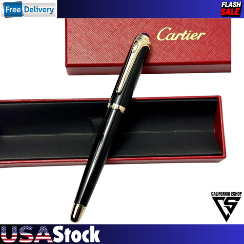 A black and gold Cartier pen resting on an open red presentation box, with a closed red Cartier box behind it. The image includes promotional banners for free delivery, flash sale, USA stock, and California EShop.