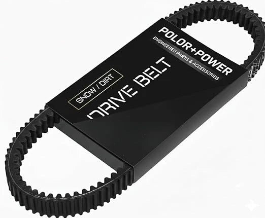 A black rubber drive belt with a branded black plastic keeper, featuring white text that reads 'POLOR+POWER ENGINEERED PARTS & ACCESSORIES' and 'SNOW / DIRT DRIVE BELT'.