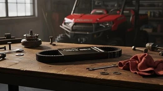 A black rubber timing belt with a black branded cover sits on a rustic wooden workbench, surrounded by automotive tools and gears. In the blurred background, a red off-road vehicle is parked inside a garage.
