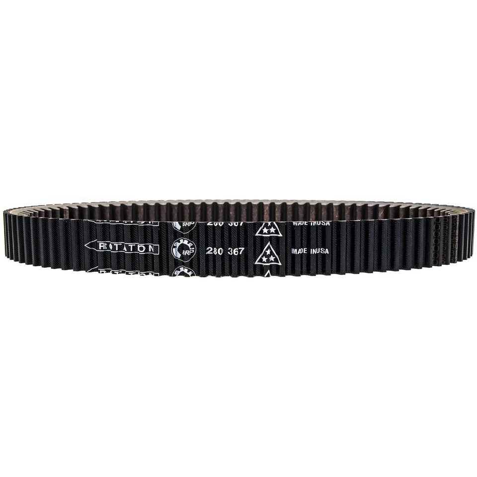 A black rubber timing belt with white printed specifications and logos, including 'RITON' and 'MADE IN ITALY', shown against a plain white background.