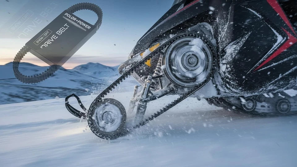 A snowmobile in a snowy outdoor setting with a floating inset of a black drive belt labeled 'Rough River Drive Belt' on a white background.
