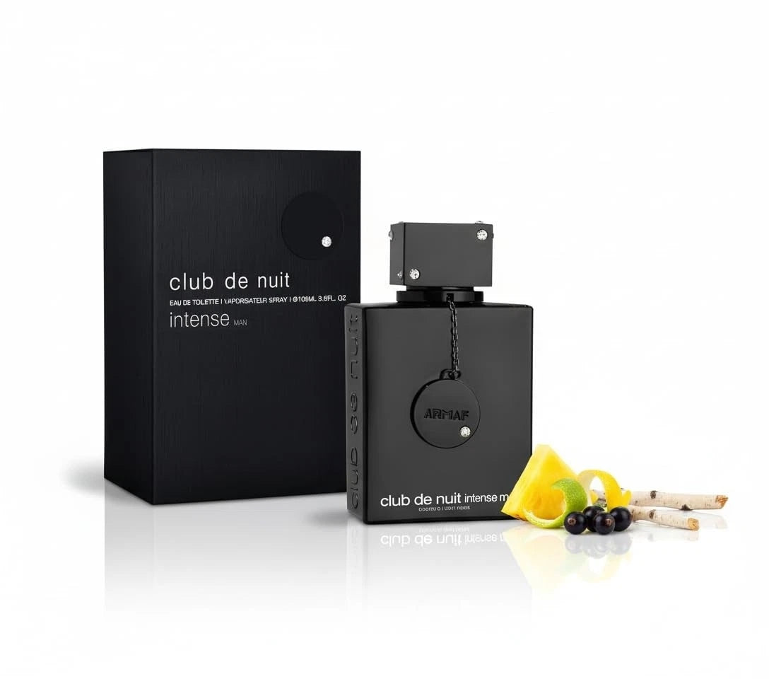 Black perfume bottle and packaging labeled 'club de nuit intense' on a white background