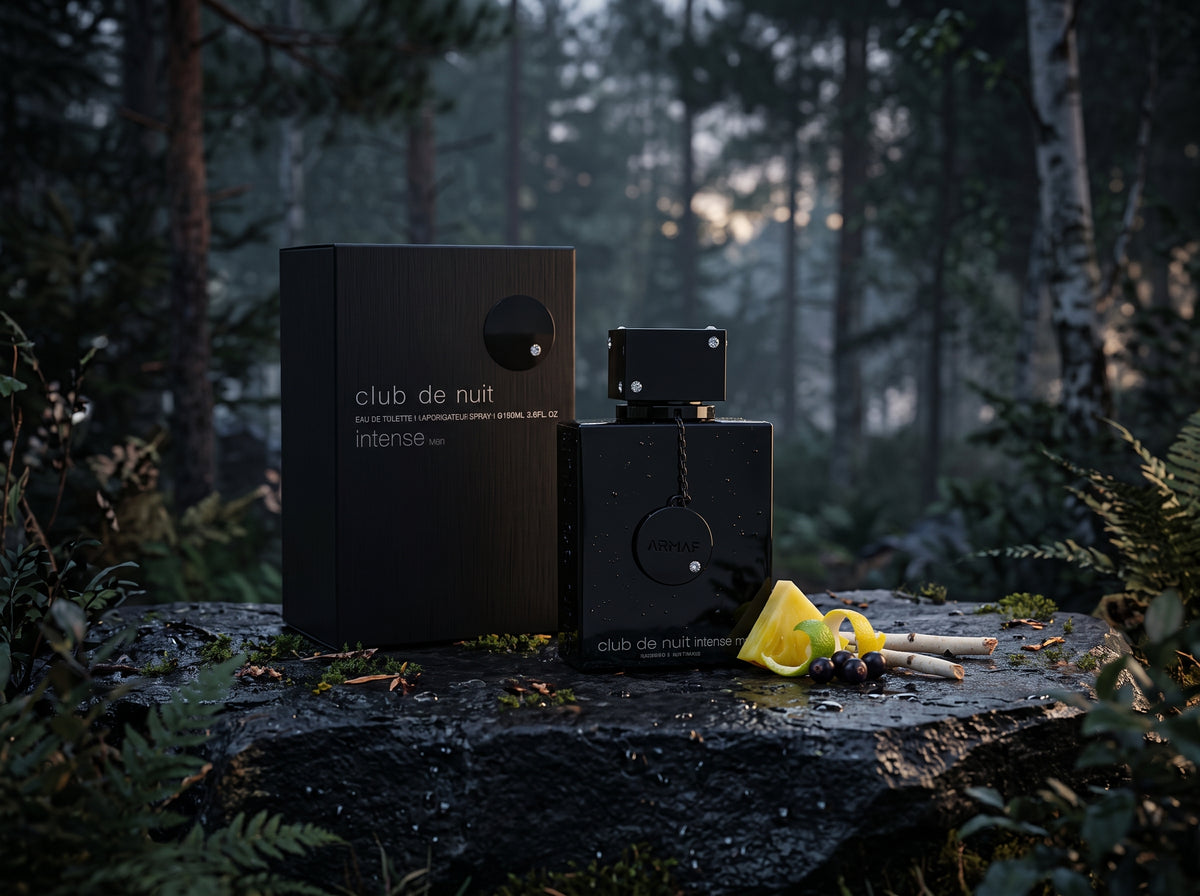 A black rectangular perfume box and matching bottle labeled 'club de nuit intense' sit on a wet log in a misty forest setting, with a yellow citrus slice and small props beside them.