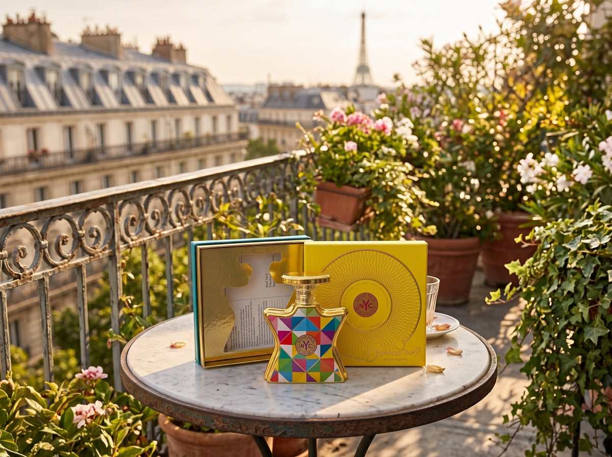 A perfume bottle and its yellow presentation box sit on a small round table on a Parisian balcony, with potted plants, rooftops, and the Eiffel Tower in the background.