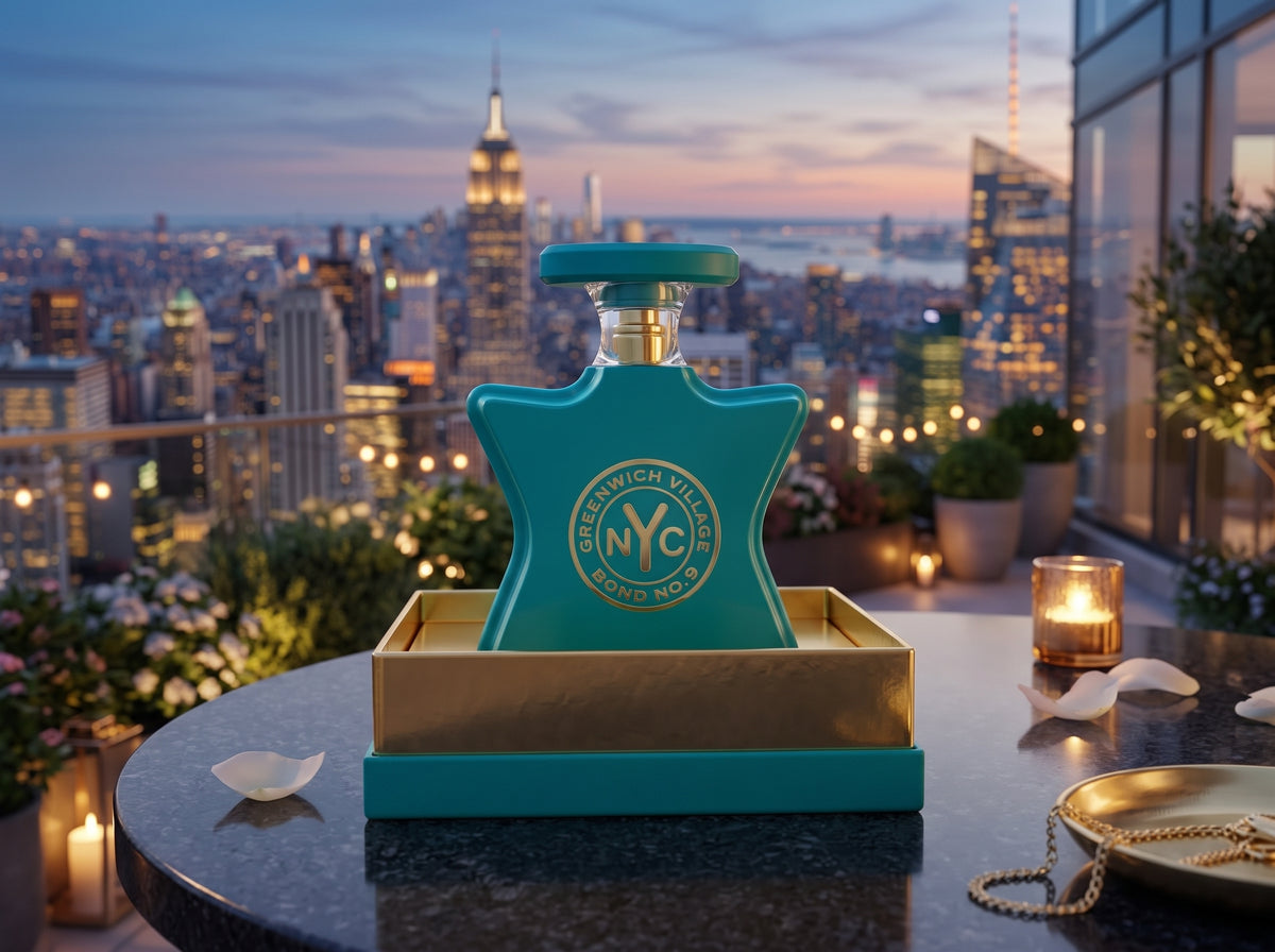 A teal and gold bottle of Bond No. 9 perfume displayed in a gold tray on a rooftop table, with a New York City skyline at dusk in the background.
