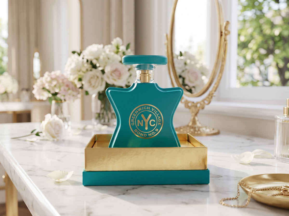 A teal and gold Bondwick London 'New York' perfume bottle displayed in a gold tray on a marble vanity table, with flowers, a gold mirror, and soft window light in the background.