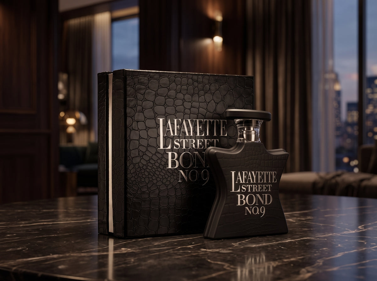 A luxury fragrance bottle labeled 'Lafayette Street Bond No.9' stands in front of its matching textured black presentation box on a dark marble tabletop, with a softly blurred upscale interior and city skyline in the background.