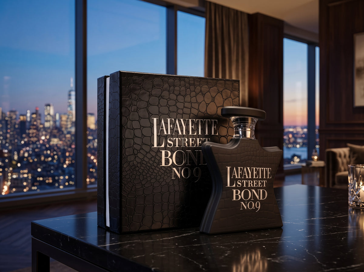 A luxury fragrance bottle and matching box labeled 'Lafayette Street Bond No.9' displayed on a dark marble table in a high-rise room with a city skyline at dusk.