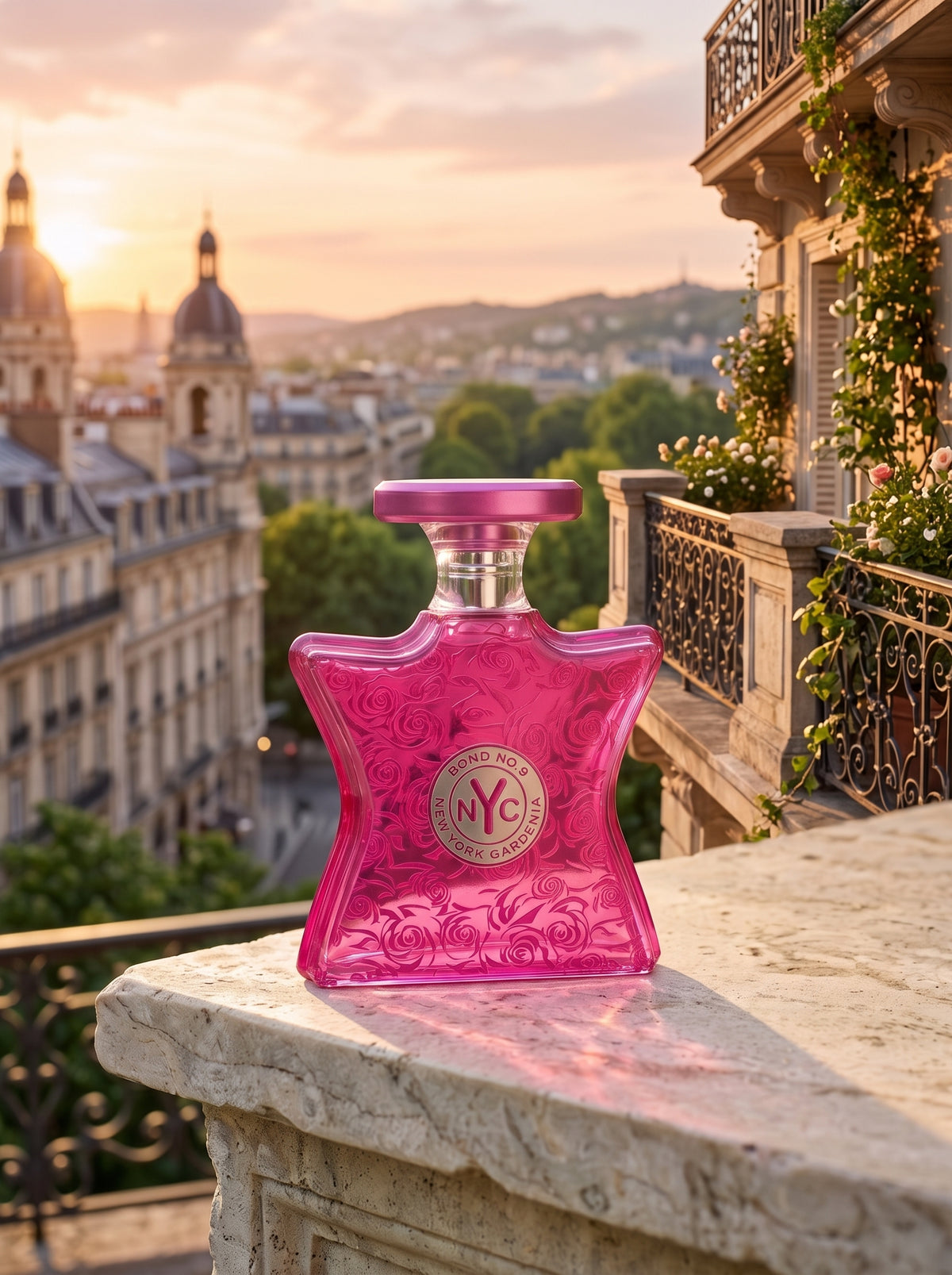 A bright pink Barbour & Co. NYC perfume bottle with a star-shaped body and a silver cap, set on a stone balcony overlooking a scenic city skyline at sunset.