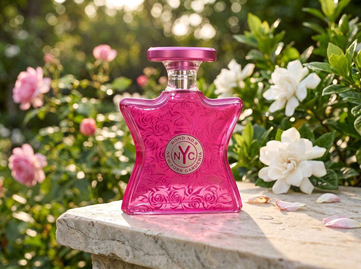 A pink embossed glass perfume bottle with a matching pink cap and a circular 'NYC' label, set on a stone ledge outdoors with blurred pink and white flowers in the background.