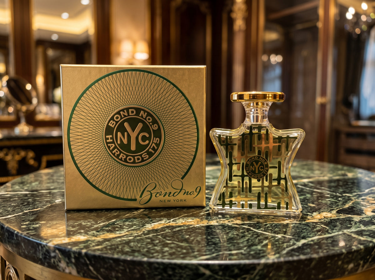 Bond No. 9 Harrods 1929 perfume bottle and its original gold-toned box, displayed on a green marble table in a luxury interior setting.