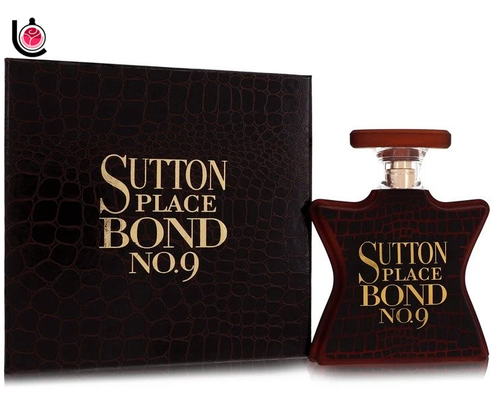 Sutton Place Bond No. 9 perfume bottle next to its textured black presentation box with gold lettering, on a white background.