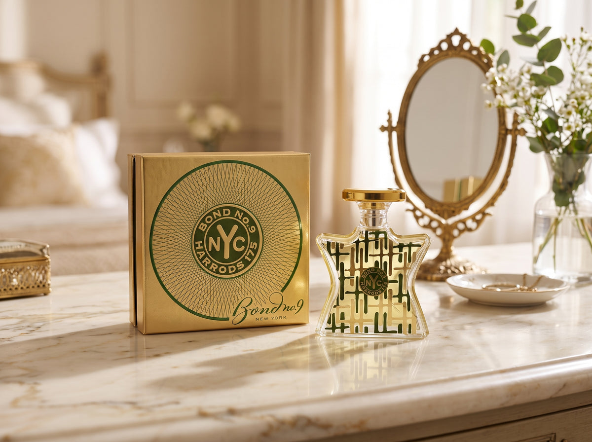 A Bond No. 9 perfume bottle with a gold cap stands beside its matching gold box on a marble dresser.
