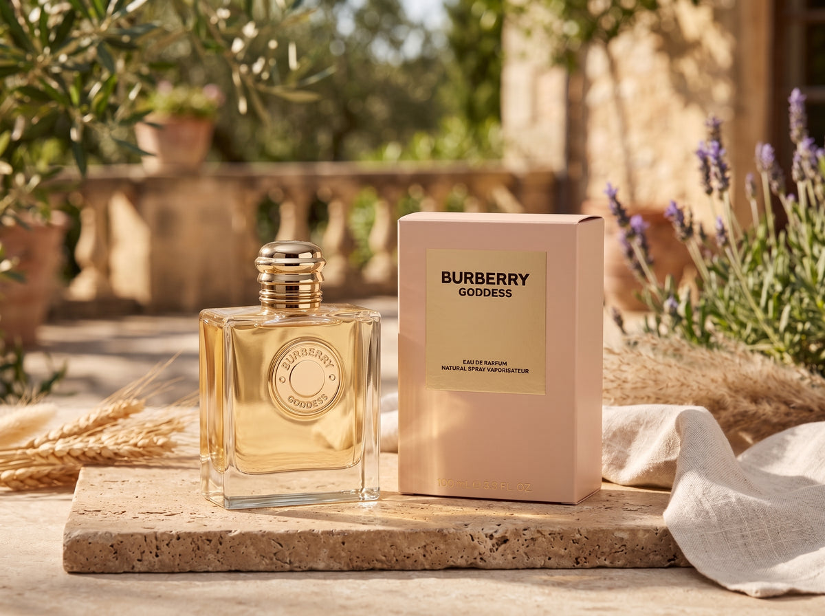 A bottle of Burberry Goddess Eau de Parfum with golden amber liquid and a gold cap stands next to its peach-colored cardboard box on a stone slab, set in a warm, sunlit outdoor garden environment with lavender and wheat.