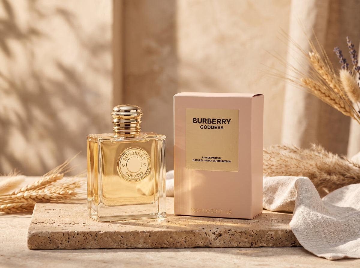 Burberry Goddess Eau de Parfum bottle and its pink packaging box, styled on a stone slab with dried wheat and linen against a warm beige background.