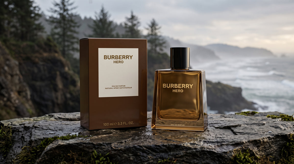 Burberry Hero cologne bottle and its brown box displayed on a rocky cliffside with a blurred ocean and forest background.