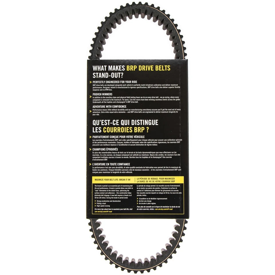 A black BRP drive belt shown in a loop shape with its retail packaging card in the center, isolated on a white background.