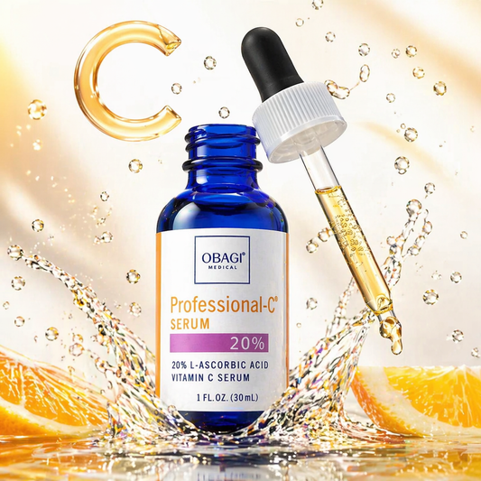 OBAGI Professional-C Serum bottle with dropper and orange slices on a sparkling background