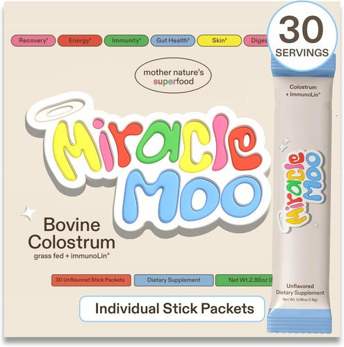Miracle Moo Bovine Colostrum dietary supplement packaging showing a box with colorful logo and a single stick packet on a light beige background.