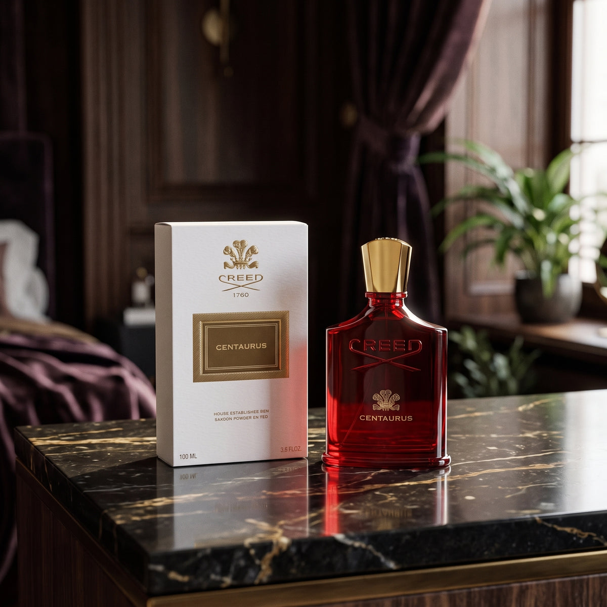 Creed Centaurus eau de parfum bottle and packaging box displayed on a black marble countertop in a luxurious room setting.