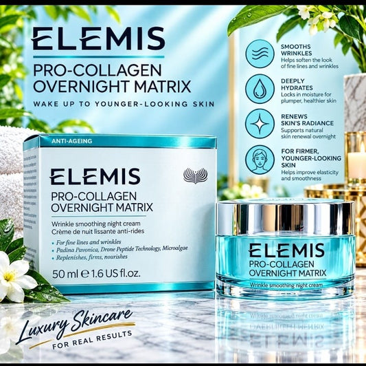 Elemis Pro-Collagen Overnight Matrix wrinkle smoothing night cream shown with its white and teal packaging box, a clear jar with blue liquid and silver cap, and a white pump bottle, set against a bright tropical-themed background with French text and product benefits.