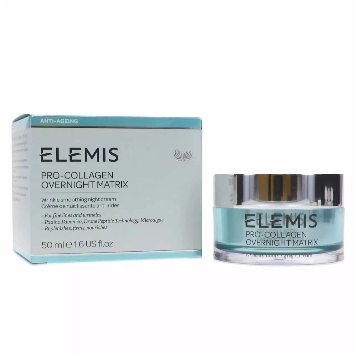 Elemis Pro-Collagen Overnight Matrix cream and packaging on a white background