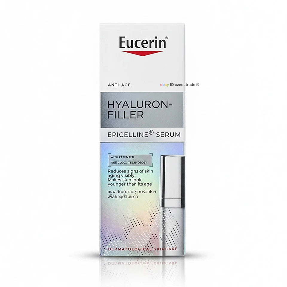 Eucerin Hyaluron-Filler Epicelline Serum anti-age skincare packaging box with a small applicator tube shown beside it on a clean white background.
