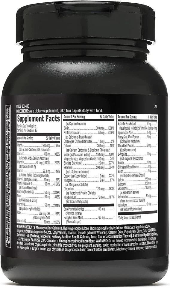 The back of a black plastic bottle of dietary supplement powder, showing the detailed Supplement Facts label with white text on a dark background.