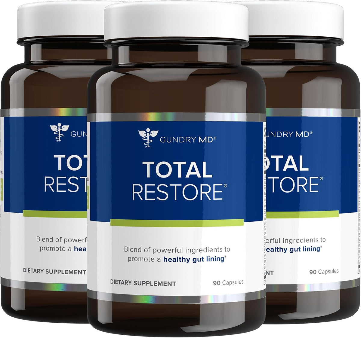 Three bottles of Gundry MD Total Restore dietary supplement on a white background