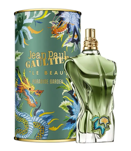 Jean Paul Gaultier Le Beau Paradise Garden perfume bottle and its illustrated cylindrical packaging box, featuring a green torso-shaped bottle and a matching green box with gold lettering and colorful dragon artwork.