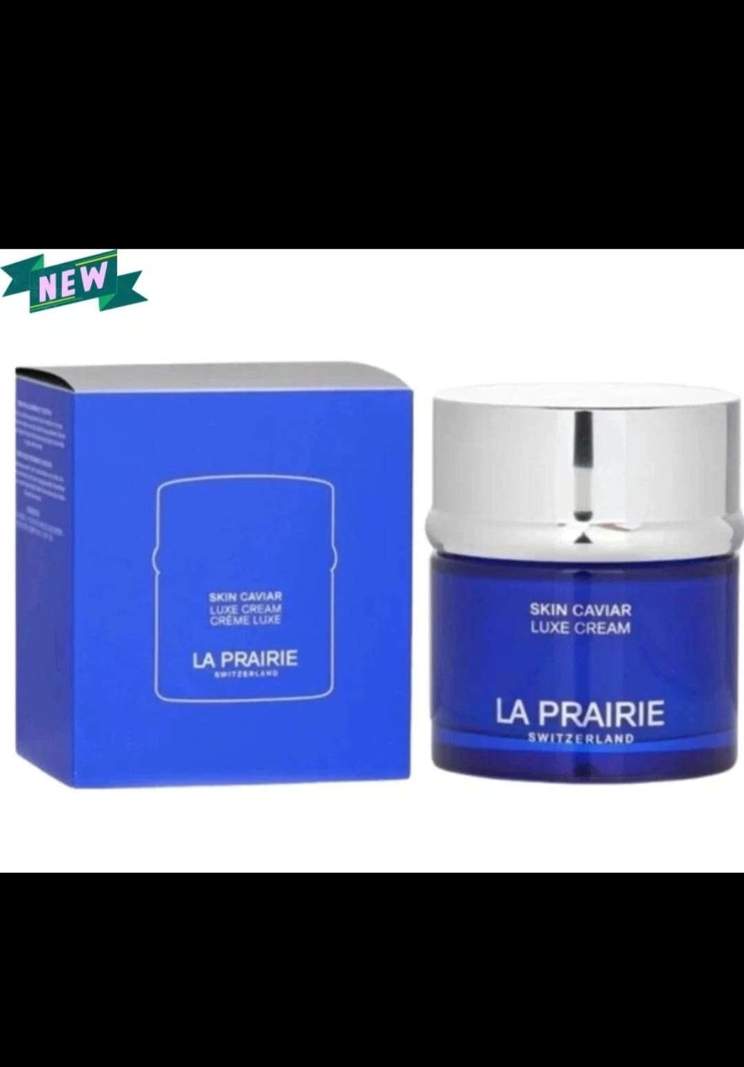 La Prairie Skin Caviar Luxe Cream jar in blue with a silver lid next to its blue box packaging, on a white background with a green 'NEW' banner in the top left corner.