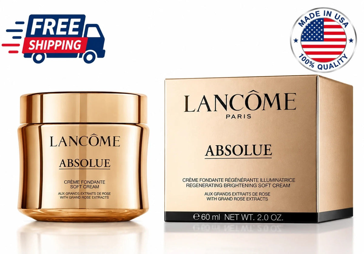 Lancôme Absolue soft cream in a gold jar next to its gold packaging box, with a 'FREE SHIPPING' graphic in the top-left corner and a 'MADE IN USA 100% QUALITY' badge in the top-right corner.