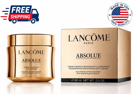 Lancôme Absolue soft cream in a gold jar next to its gold packaging box, with a 'FREE SHIPPING' graphic in the top-left corner and a 'MADE IN USA 100% QUALITY' badge in the top-right corner.
