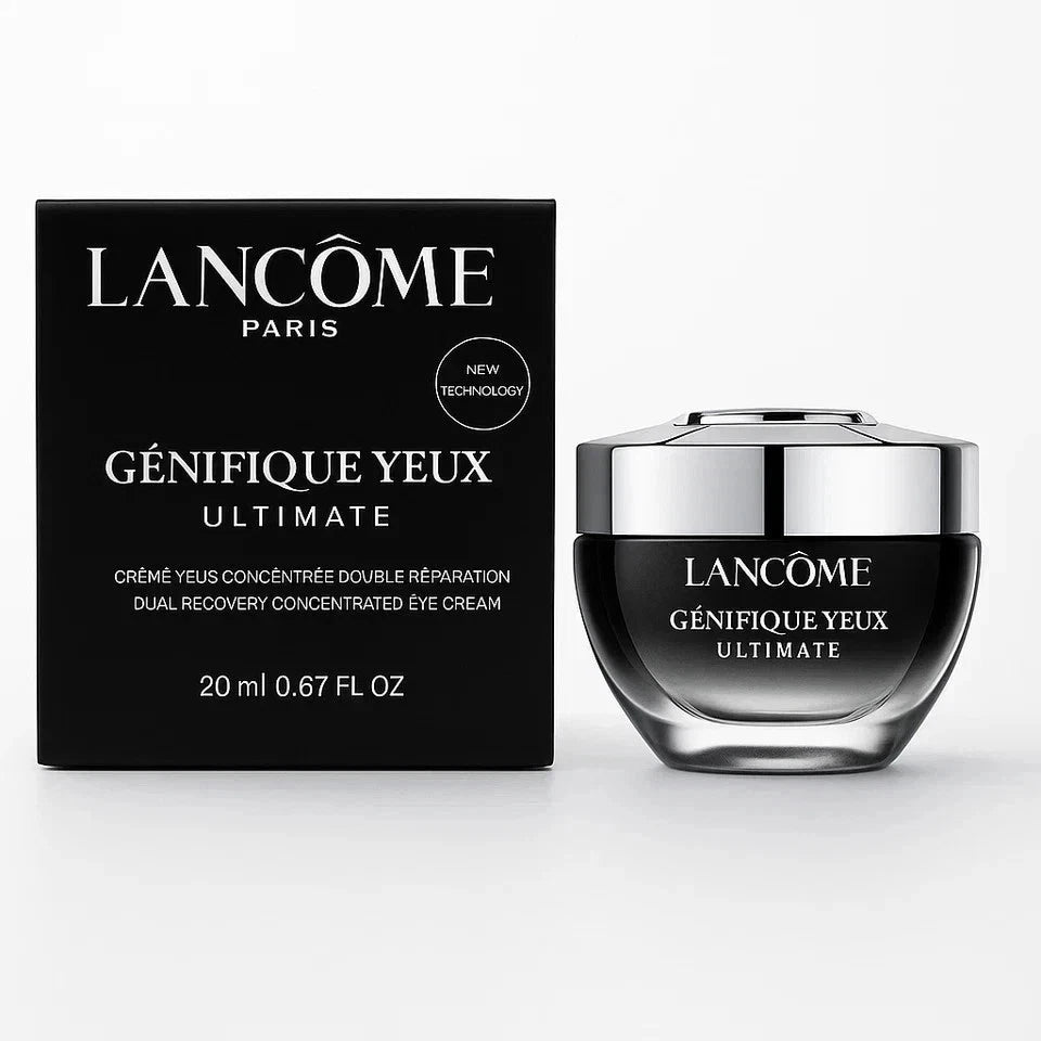 Lancôme Paris Génifique Yeux Ultimate eye cream shown with its black retail box and the black-and-silver cream jar on a light gray background.