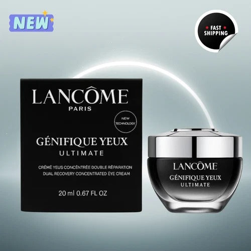 Lancôme Paris Génifique Yeux Ultimate eye cream shown with its black product box and the black-and-silver cream jar on a pale blue-gray background, with small 'NEW' and 'FAST SHIPPING' badge graphics.