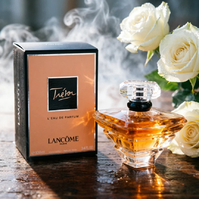 Lancôme Théor L'Eau de Parfum bottle and its black and peach packaging box, styled on a wet wooden surface with white roses and smoke in the background.