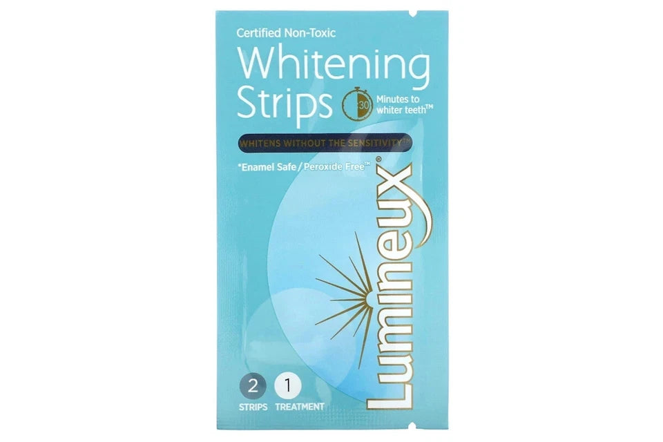 Lumineux Whitening Strips package in a light blue color with white and gold text, showing 2 strips treatment.