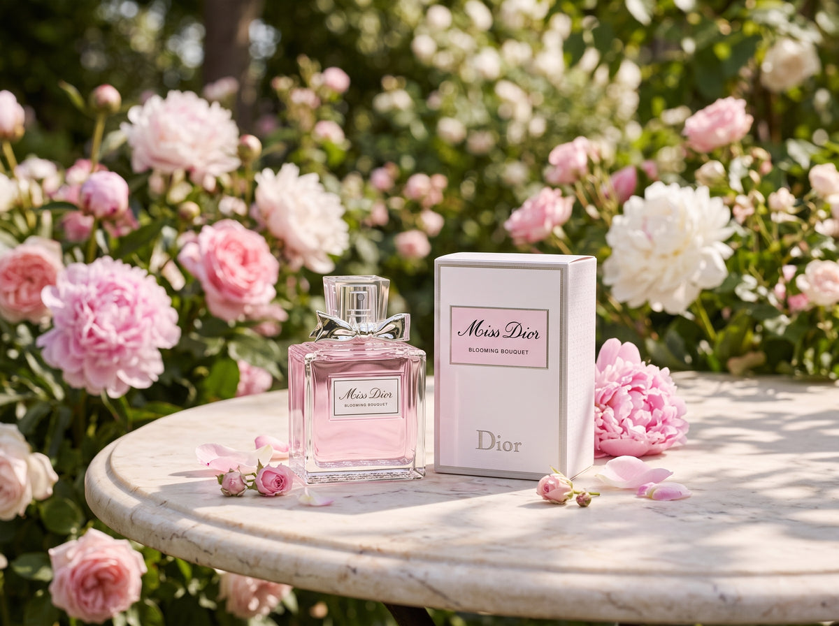 Dior Miss Dior Blossom Bougie perfume bottle and its white box, styled on a round stone table surrounded by pink and white peonies in a garden setting.