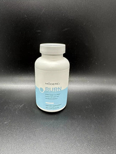 A white bottle of Möderé O Burn dietary supplement capsules, featuring a white and light blue label, set against a dark gray background.