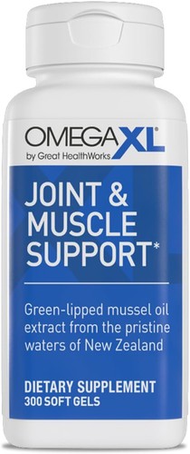  Omega XL by Great HealthWorks Joint & Muscle Support dietary supplement bottle with green-lipped mussel oil extract, 300 soft gels.