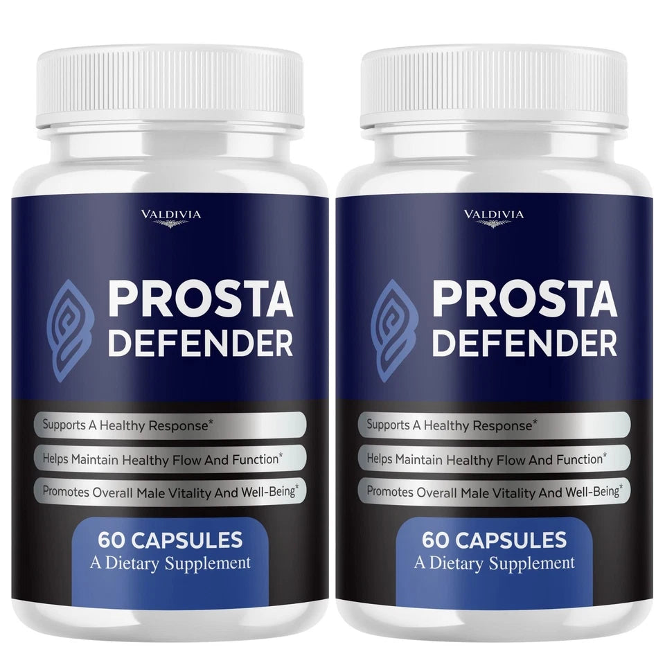 Two white plastic bottles of Valdivia Prosta Defender dietary supplement capsules, side by side on a plain white background.