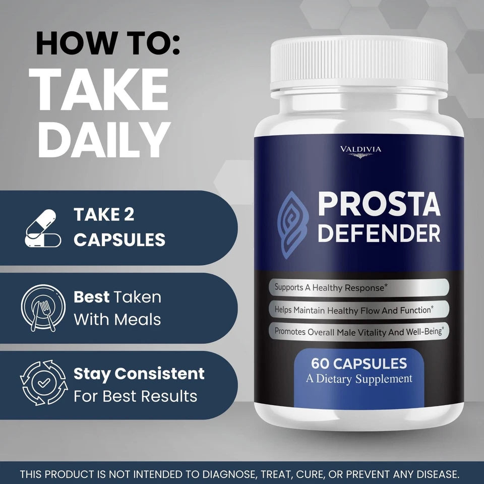 A white supplement bottle labeled 'PROSTA DEFENDER' by Valdivia, shown beside instructional text on a gray background. The text explains how to take the product daily: take 2 capsules with meals, stay consistent, and take it daily.