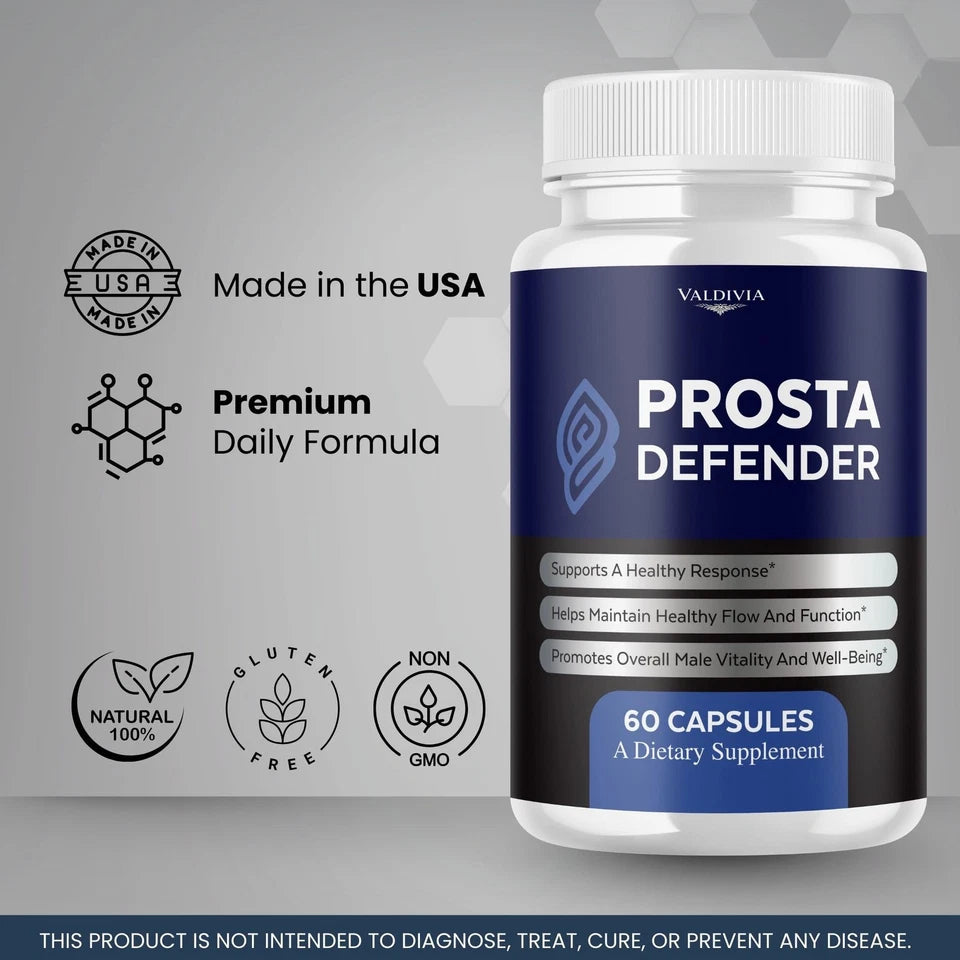 A white bottle of Valduvia Prosta Defender dietary supplement with a dark blue label, shown next to several 'Made in the USA' and product feature icons on a gray background.