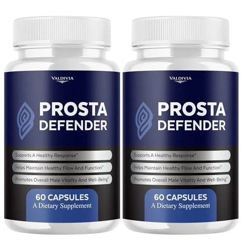 Two white plastic bottles of Valdivia Prosta Defender dietary supplement with dark blue labels, shown side by side on a white background.