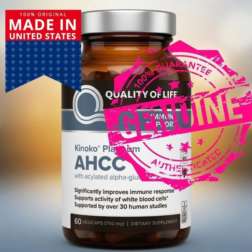 : Quality of Life Kinoko Platinum AHCC dietary supplement bottle containing 60 vegetarian capsules.