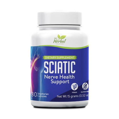 A white plastic bottle of Dr. Herbal Supplements Sciatic Nerve Health Support dietary supplement, featuring a blue and purple label with white text and a green leaf logo.