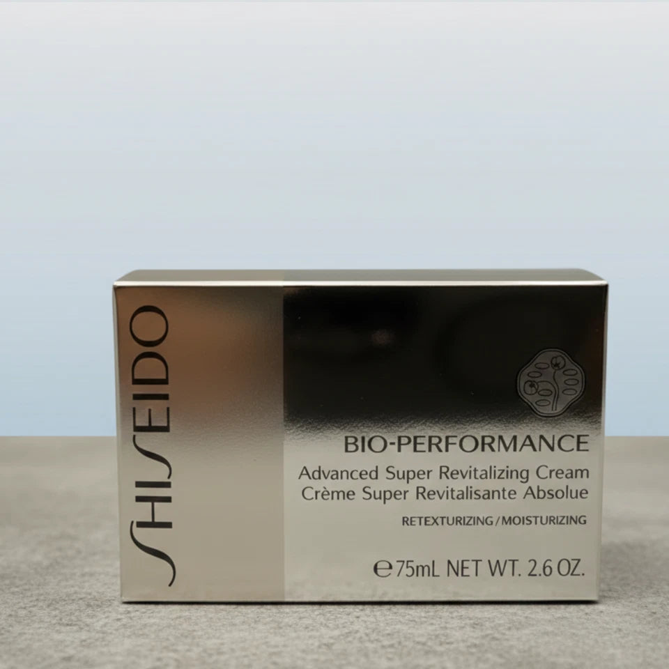 Shiseido Bio-Performance Advanced Super Revitalizing Cream 75mL box, featuring a metallic silver and black design with the brand name in black on the left side.